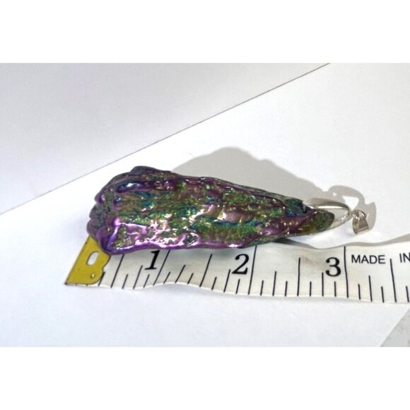 Handcrafted Rainbow Iridescent Blue Green Purple Titanium Coat Quartz 3" Pendant - Picture 3 of 6